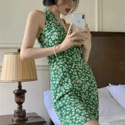 Women A-line Green Below Knee Dress-image-61