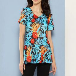 Here&Now Womens Turqouise-Black Colour Floral Print Nylon Swim Suit Cap Floral Print Women Swim-dress Light Blue Swimsuit-image-48
