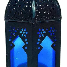 Moroccan Lantern With Blue Glasses Black Iron Hanging Lantern-image-9