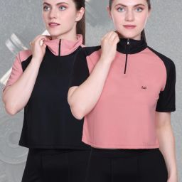 Pack of 2 Women Colorblock Polo Neck Polyester Black, Pink T-Shirt-image-91