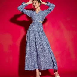 zwerlon Women Fit and Flare Blue, White Maxi/Full Length Dress-picture-39