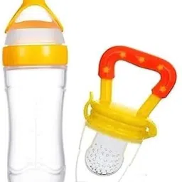 Combo of Fruit Nibbler Pacifier and Silicone Feeding Spoon Bottle for Babies - Silicon-4