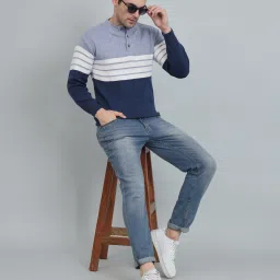 Men Striped Collared Neck Blue Sweater-picture-31