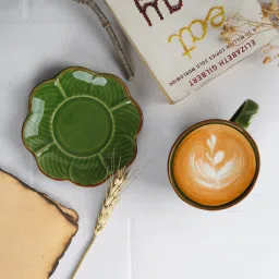 Pack of 4 Ceramic DATA Leaf Cups and Saucers in Green-9