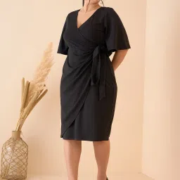 Women Wrap Black Knee Length Dress-image-33