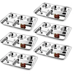 Pack of 6 Steel Dinner Plate/Bhojan Thali with Rectangle Compartments with 5 Compartment Dinner Set-image-6