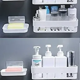4 Plastic Bathroom Kitchen Shelf + 4 Soap Box Stand Combo with Adhesive Stickers Plastic Wall Shelf-image-93