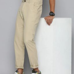Men Regular Fit Beige Pure Cotton Trousers-image-1