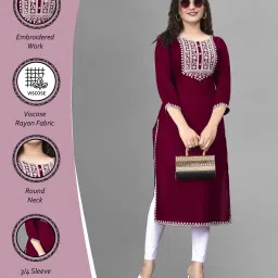Women Embroidered Viscose Rayon A-line Kurta-image-3