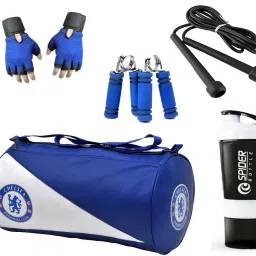 Combo Of Chelsea Gym Bag, Gloves (Blue), Spider Shaker (White), Skipping Rope (Black) And Hand Gripper (Blue) Fitness Accessory Kit Kit-image-49