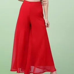 manijayfab Women Regular Fit Red Georgette Trousers-picture-0