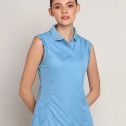 Women Solid Polo Neck Polyester Blue T-Shirt-image-41