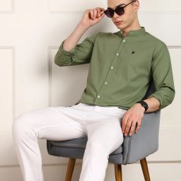 Men Slim Fit Solid Mandarin Collar Casual Shirt-image-88