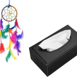 Combo Ring Handmade Beaded Down & Feather-Fill Dream Catcher For Car, Room Wall Hanging, Balcony Wool Wind-Chime Decorative Showpiece Ornament And Eco-Friendly Paper Napkin Refillable Rectangular Shape Leather Finish Tissue Dispenser Handcrafted Organizer Box Holder Combo-image-1