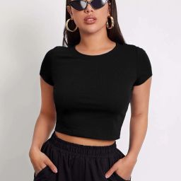 Casual Cap Sleeves Solid Women Black Top-image-40