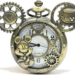 Mubco Antique Mickey Mouse Design Pocket Watch Keychain White Dial Quartz Analog Vintage Collectible MM_01 Bronze Metal Pocket Watch Chain-image-7