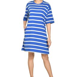Women A-line Blue, White Knee Length Dress-image-4