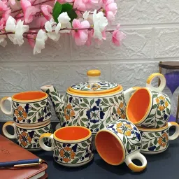 Pack of 7 Ceramic MUGHAL ART DESIGN CERAMIC KETTLE AND 6 CUP SET-image-36