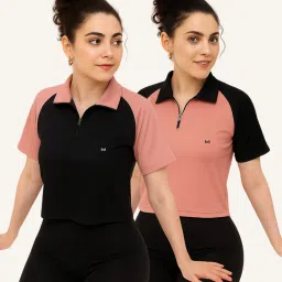 Pack of 2 Women Solid Zip Neck Polyester Black, Pink T-Shirt-image-31