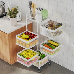 5-Tier Revolving Multipurpose Storage Rack with Wheels | White Iron Kitchen Trolley-52