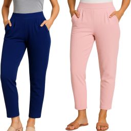 Pack of 2 Women Regular Fit Pink, Purple Cotton Blend Trousers-image-3