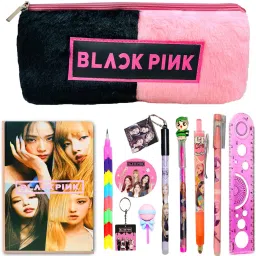 Black Pink Stationery Gift Set for Kids 11 pcs Black Pink Theme Double Pocket Pencil Pouch &All Stationery BTS Collection BlackPink Pencil Pouch Case for Kids Art Canvas Pencil Box-42