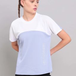 Women Colorblock Round Neck Polyester Light Blue, White T-Shirt-picture-1
