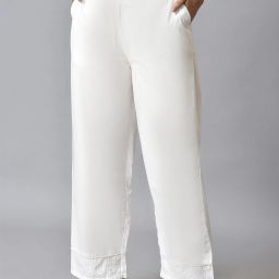 Women Regular Fit White Pure Cotton Trousers-image-2
