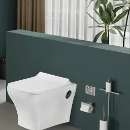 bherunath Wall Mounted P Trap Commode With Soft Seat Cover FT Cistern Flush Concealed With Chrome Flush Plate - 10 L (JK) Western Commode image 3