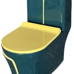 Ceramic Shining Green commode with yellow Finishing Line and Round Flush Button Western Commode-6