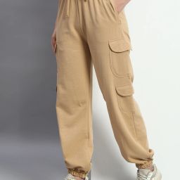 Women Solid Beige Track Pants-image-3