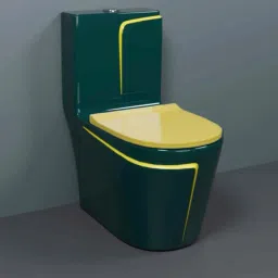 lurexa C 9928 Premium Quality Shining Royal Green commode with Yellow Finishing Line & Yellow Seat Cover And Round Flush Button Western Commode image 3