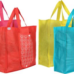 Foldable Reusable Smiley Printed Shopping Bag with One Small Pocket (Set Of 4,Pink & Yellow & Red & Blue) Pack of 4 Grocery Bags-5