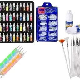 Nail Art Kit - 48 Pcs Glass Bottles Glitter Stones & dotted pen 2 way multicolor & nail brush & reusable nails & nail glue-18