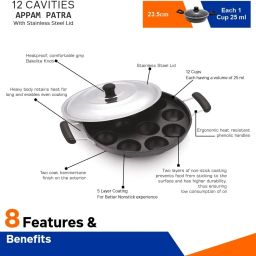 cimora CREW4 Non-Stick 12 Cavity Appam Patra Side Handle with lid, Color Red Paniarakkal with Lid 0.26 L capacity 24.5 cm diameter image 3