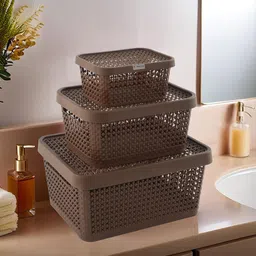 homestic Plastic Set of 3 Stackable Plastic Basket for Storage with Lid | Brown Storage Basket-picture-6