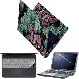 FineArts Full Body Laptop Skin with Screen Guard and Key Guard - Light Green Pink Leaves Combo Set-image-16