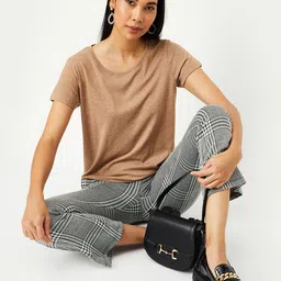 max Women Solid Round Neck Pure Cotton Brown T-Shirt-picture-20
