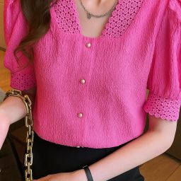 Casual Puff Sleeves Self Design Women Pink Top-image-109