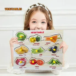 shalafi Combo Wooden Fruits & Vegetables Name Matching Peg Puzzle Board Learning Toys image 3