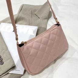 Pink Women Sling Bag Quilted Faux Leather Shoulder Bag Small Crossbody Purse with Gold Hardware-image-51