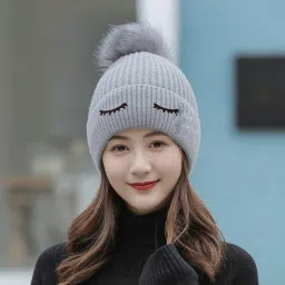 Cute Korean style eyelid double layers warm fabric winter cap for Women Woven Beanie-picture-20