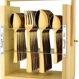 Parage 25 Pieces Stainless Steel Cutlery Set with Wooden Hanging Stand PVD Gold Stainless Steel Cutlery Set-image-31