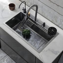 KITCHEN SINK WITH ANTI SCRATCH DESIGN INTEGRATED WATERFALL AND PULL-DOWN FAUCET SET/304 GRADE STAINLESS STEEL SINK WITH CUP WASHER,DRAIN BASKETS (30x18x9 INCH) Vessel Sink-image-39