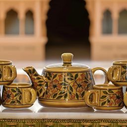 Pack of 7 Ceramic Mughal Design Tea Kettle With Set of 6 Cups, Tea, Coffee, Hot Drinks|Morning Set-image-83