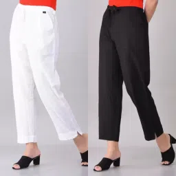 Women Regular Fit White, Black Cotton Blend Trousers-image-21