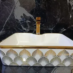 Premium Designer Table Top Ceramic Wash Basin Gold & White (45 x 33 x 13.5) cm L-1001 Table Top Basin-1