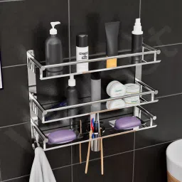 Multipurpose Bathroom & Double Dish&Tumbler&Soap&Tooth Brush Holder/Towel Stainless Steel Wall Shelf-image-60