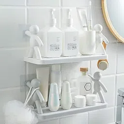 Wall self Adhesive Hanging Bathroom Storage Human Hook Rack Plastic Wall Shelf-21