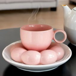 Pack of 1 Ceramic Ceramic Bubble Cup & Dessert Plate Set (Pink)-image-37